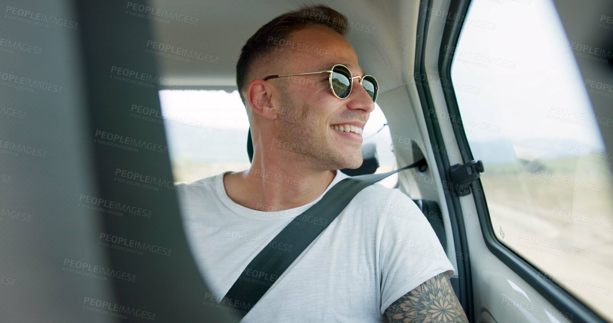 Buy stock photo Man, thinking and road trip in car window with smile, travel vacation or sunglasses for weekend break. Happy, person and journey in vehicle with holiday adventure, reflection or  tourist sightseeing.