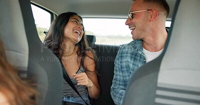 Buy stock photo Travel, happy or couple in car with road trip, laughing or bonding together on summer holiday. Talk, man or woman with good mood, romantic connection or healthy relationship on funny motor journey.