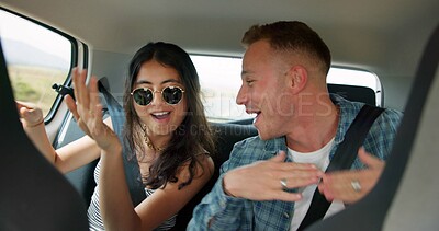 Buy stock photo Travel, happiness or couple in vehicle with road trip, fun time or bonding together on summer holiday. Smile, man or woman with good mood, romantic connection or healthy relationship in car adventure