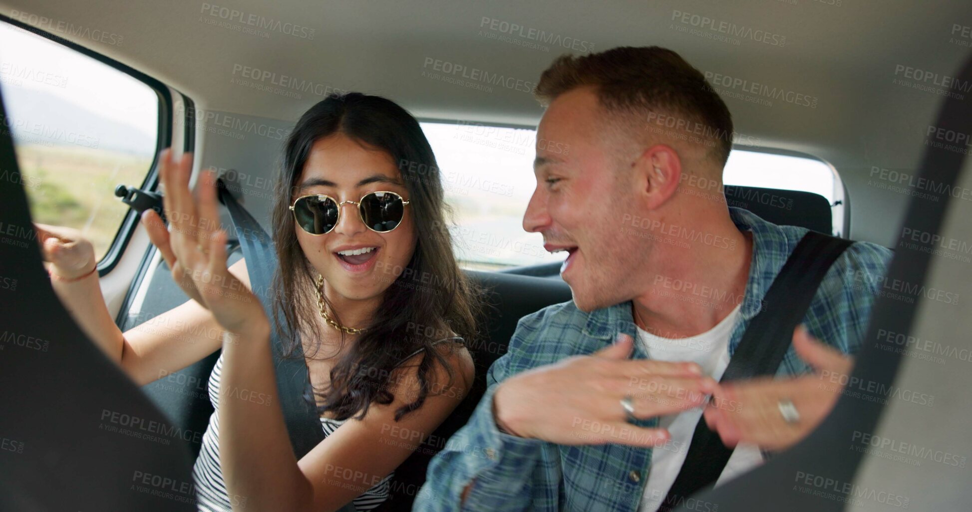 Buy stock photo Travel, happiness or couple in vehicle with road trip, fun time or bonding together on summer holiday. Smile, man or woman with good mood, romantic connection or healthy relationship in car adventure