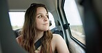 Woman, thinking and road trip in car window with travel, vacation and contemplation for weekend break. Person, relax and journey in vehicle with holiday adventure, reflection and tourist sightseeing.