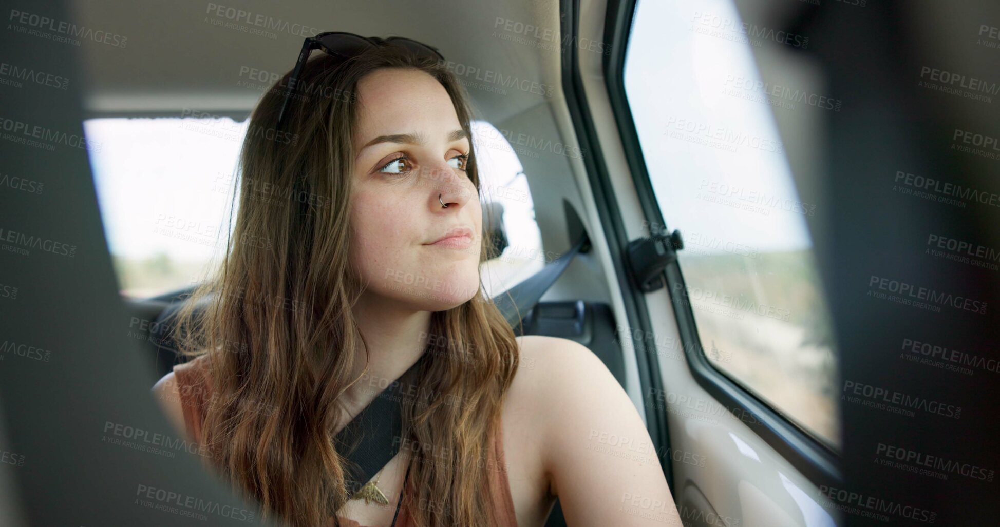 Buy stock photo Woman, thinking and road trip in car window with travel, vacation and contemplation for weekend break. Person, relax and journey in vehicle with holiday adventure, reflection and tourist sightseeing.