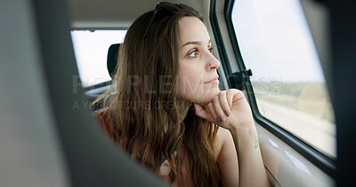 Buy stock photo Thinking, calm and woman in car with road trip, memory and daydreaming on weekend break. Reflection, window and person in vehicle with travel, sightseeing and peaceful perspective in motor journey.