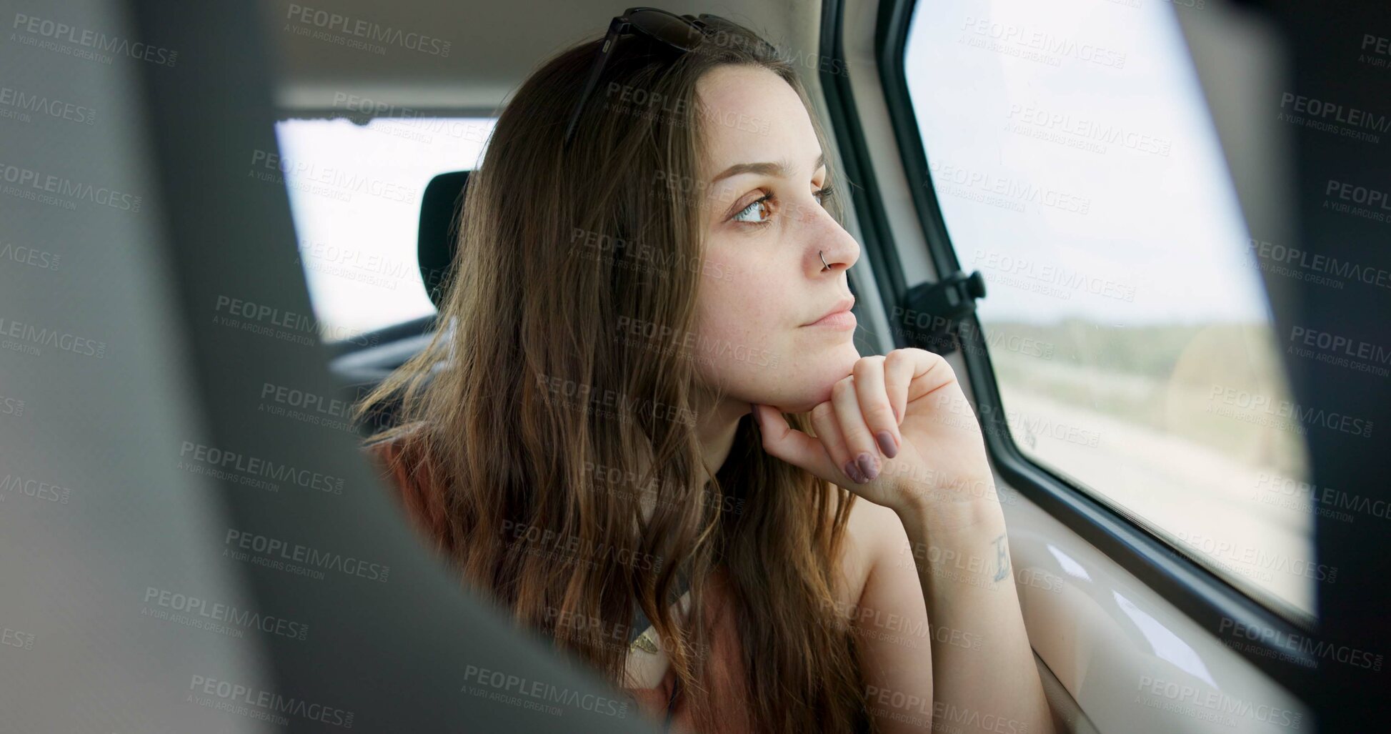 Buy stock photo Thinking, calm and woman in car with road trip, memory and daydreaming on weekend break. Reflection, window and person in vehicle with travel, sightseeing and peaceful perspective in motor journey.