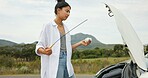 Woman, hood and inspection of car for travel crisis, oil leak and breakdown from  overheating engine. Female person, roadside or dipstick for vehicle diagnosis, maintenance check and mechanical issue