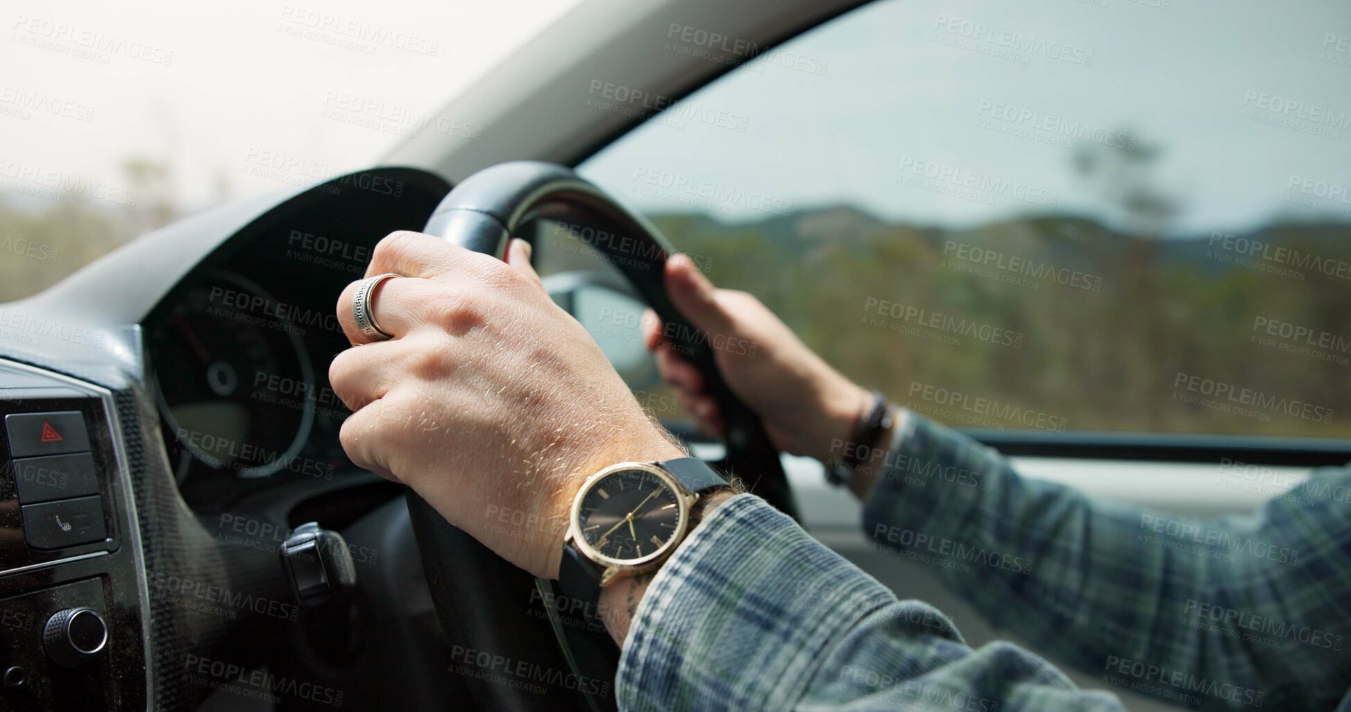 Buy stock photo Person, hands and driver with car for road trip, travel or commute on street in countryside. Traveler, transportation or driving steering wheel in vehicle for outdoor journey, adventure or ride