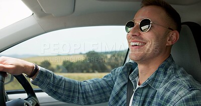 Buy stock photo Man, driving and road trip in car with smile, travel vacation and sunglasses for weekend exploration. Driver, person and happy in vehicle with journey, holiday adventure and sightseeing for tourist.