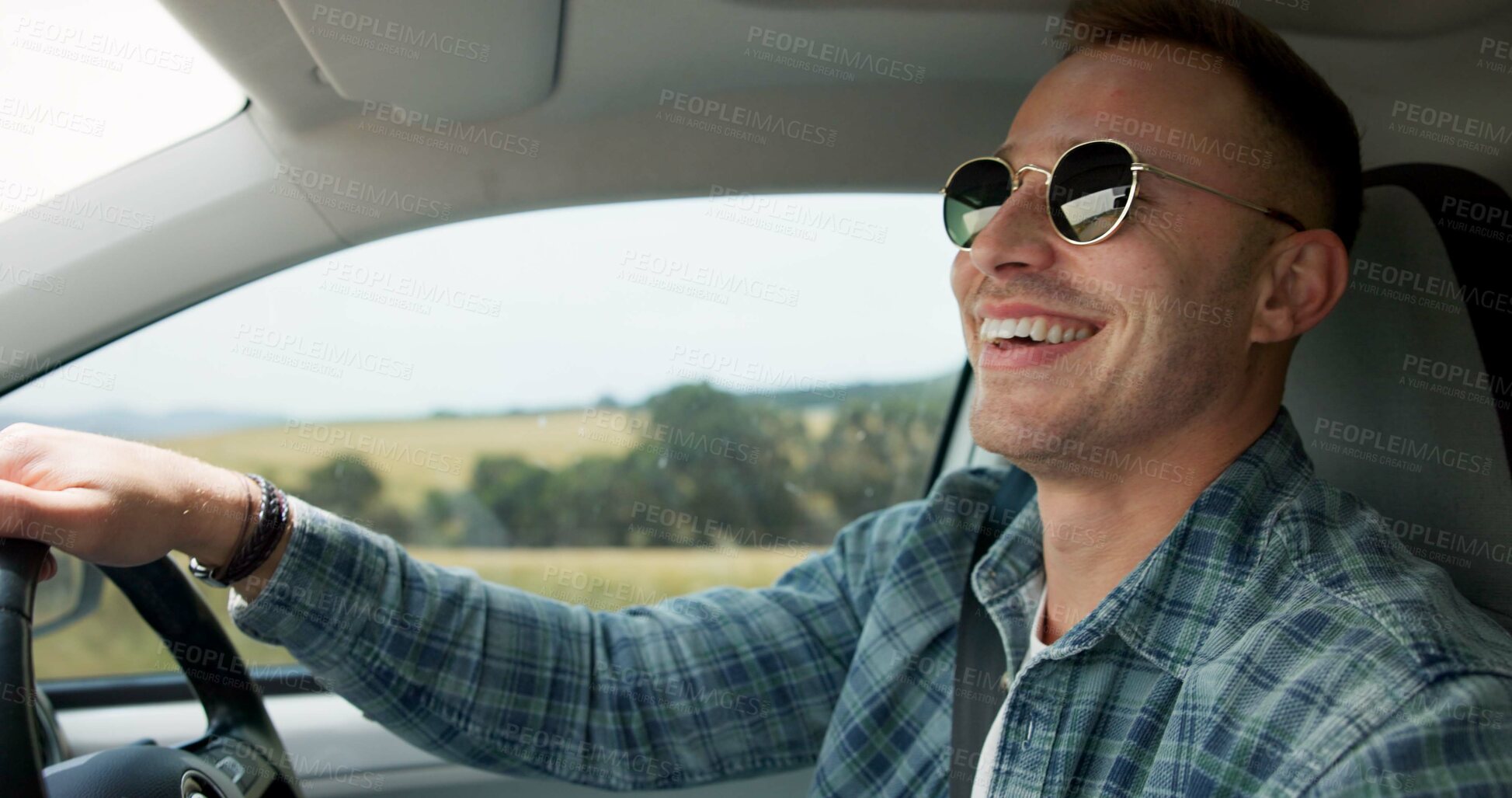 Buy stock photo Man, driving and road trip in car with smile, travel vacation and sunglasses for weekend exploration. Driver, person and happy in vehicle with journey, holiday adventure and sightseeing for tourist.