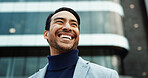Happy, thinking and business man in city excited for urban development, investment and real estate. Low angle, corporate and person with inspiration, planning and reflection for property expansion