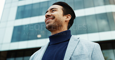Buy stock photo Real estate, thinking and business man in city for urban development, investment and opportunity. Low angle, corporate and person with inspiration, planning and reflection for property expansion