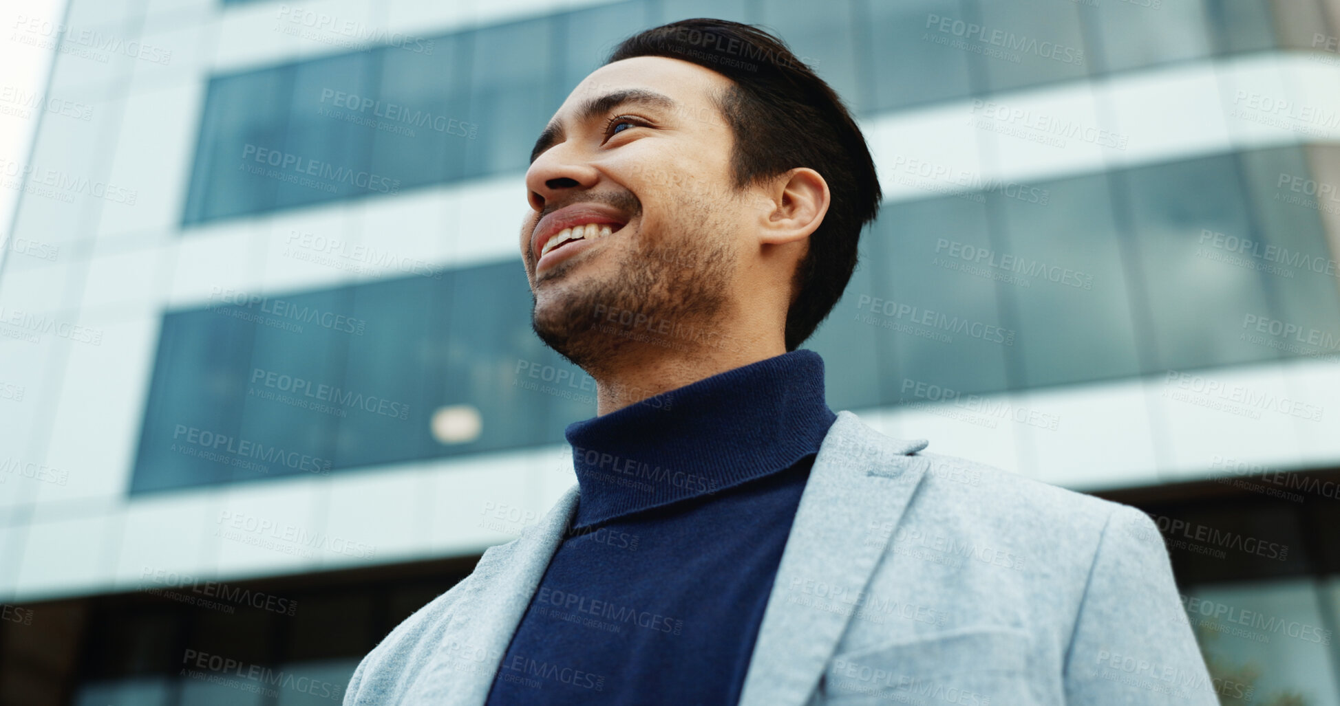 Buy stock photo Real estate, thinking and business man in city for urban development, investment and opportunity. Low angle, corporate and person with inspiration, planning and reflection for property expansion