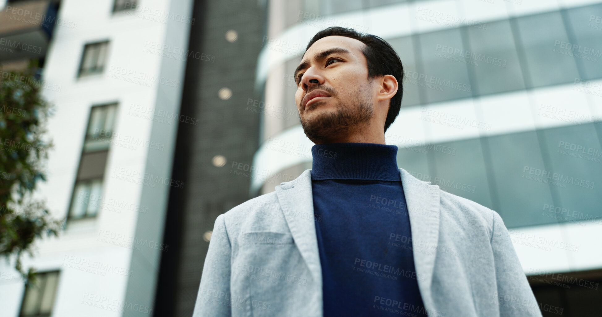 Buy stock photo Real estate, thinking and businessman in city for urban development, building opportunity and ambition. Low angle, corporate and person with inspiration, planning or reflection for property expansion