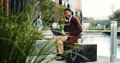 Buy stock photo Phone call, business and black woman outdoor on laptop for client update, feedback and contact. Consultant, computer and person on cellphone for talking, planning and discussion for project in city