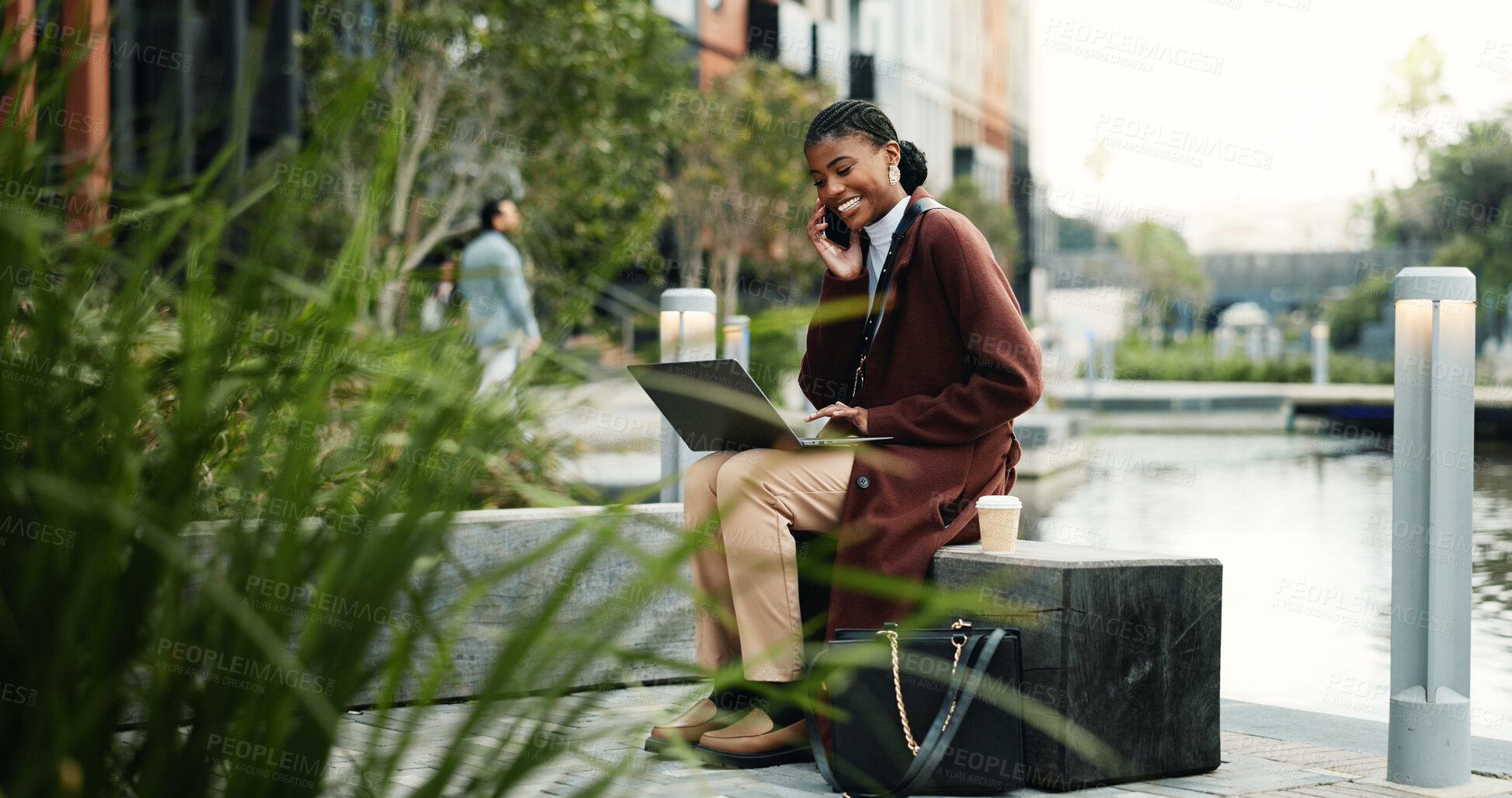 Buy stock photo Phone call, business and black woman outdoor on laptop for client update, feedback and contact. Consultant, computer and person on cellphone for talking, planning and discussion for project in city