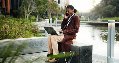 Buy stock photo Phone call, laugh and black woman in city on laptop for client update, feedback and consulting. Professional, computer and happy worker on cellphone for talking, planning and discussion for project