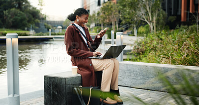 Buy stock photo Phone, laugh and businesswoman with laptop in city, remote work or green consultant with joke. Tech, digital nomad and black person outdoor for sustainability meme, funny post and reading email
