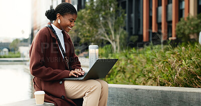 Buy stock photo Businesswoman, smile and remote work in city with laptop, typing and copywriting for email marketing. Happy, black person or freelancer in urban town with computer, draft newsletter and SEO campaign.