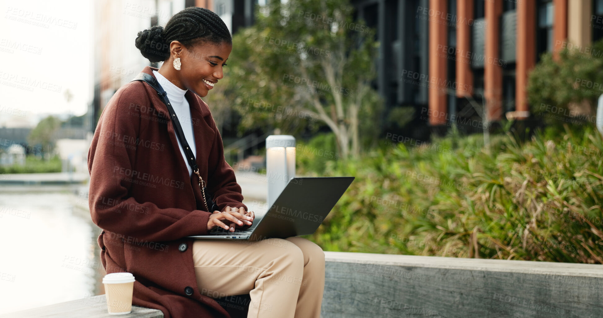 Buy stock photo Businesswoman, smile and remote work in city with laptop, typing and copywriting for email marketing. Happy, black person or freelancer in urban town with computer, draft newsletter and SEO campaign.