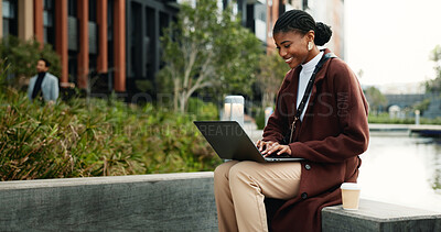 Buy stock photo Woman, typing and remote work in city with laptop, online research and copywriting for email marketing. Happy, person and freelancer in urban business park with computer, newsletter and SEO campaign.