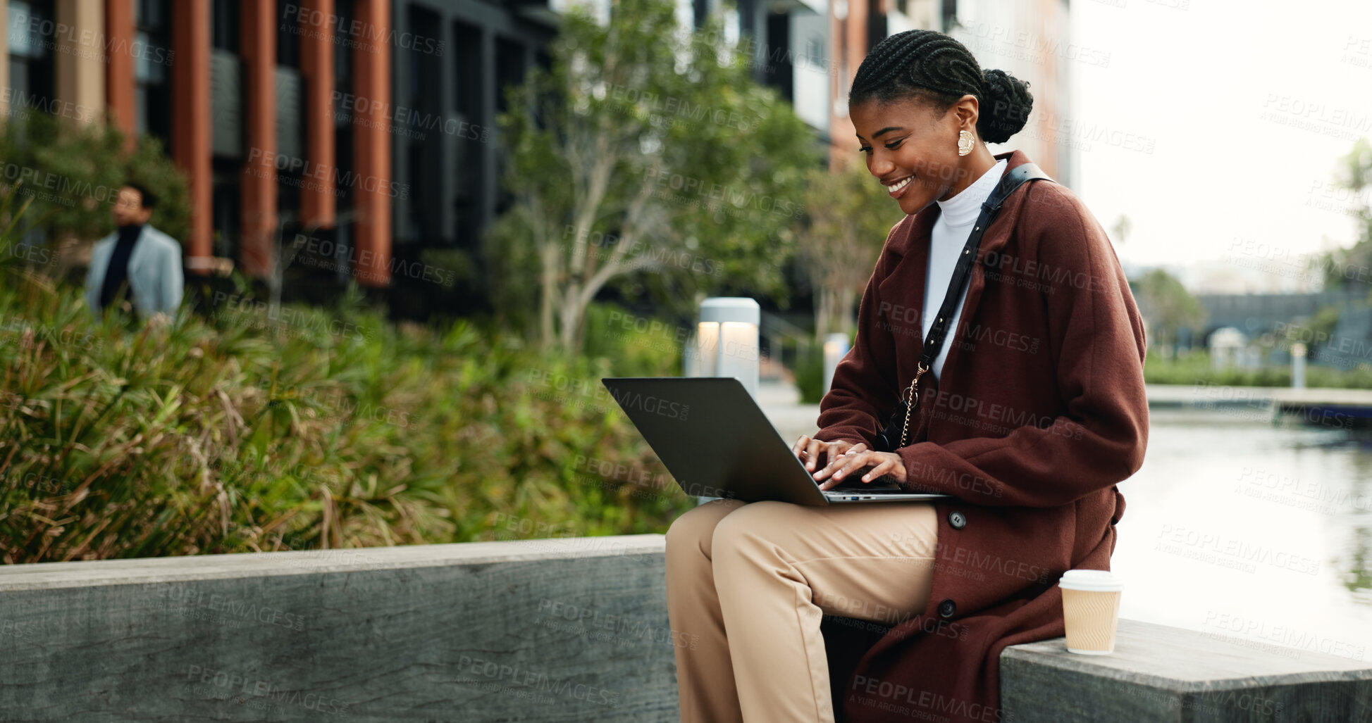 Buy stock photo Woman, typing and remote work in city with laptop, online research and copywriting for email marketing. Happy, person and freelancer in urban business park with computer, newsletter and SEO campaign.