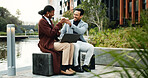 Coffee, toast and business people with laptop in city, proposal approval and celebration for success. Smile, computer and employees cheers with beverage for project feedback, achievement and winning