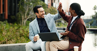 Buy stock photo Laptop, excited and business people in city with high five, remote work or success for email marketing. Team, partnership and celebration in urban town with computer, good news and advertising goals.