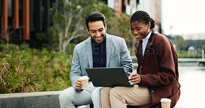 Buy stock photo Business, people and meeting in city with laptop, property listing website or real estate partnership. Happy, realtor team and check housing market in urban town with computer, plan or collaboration.