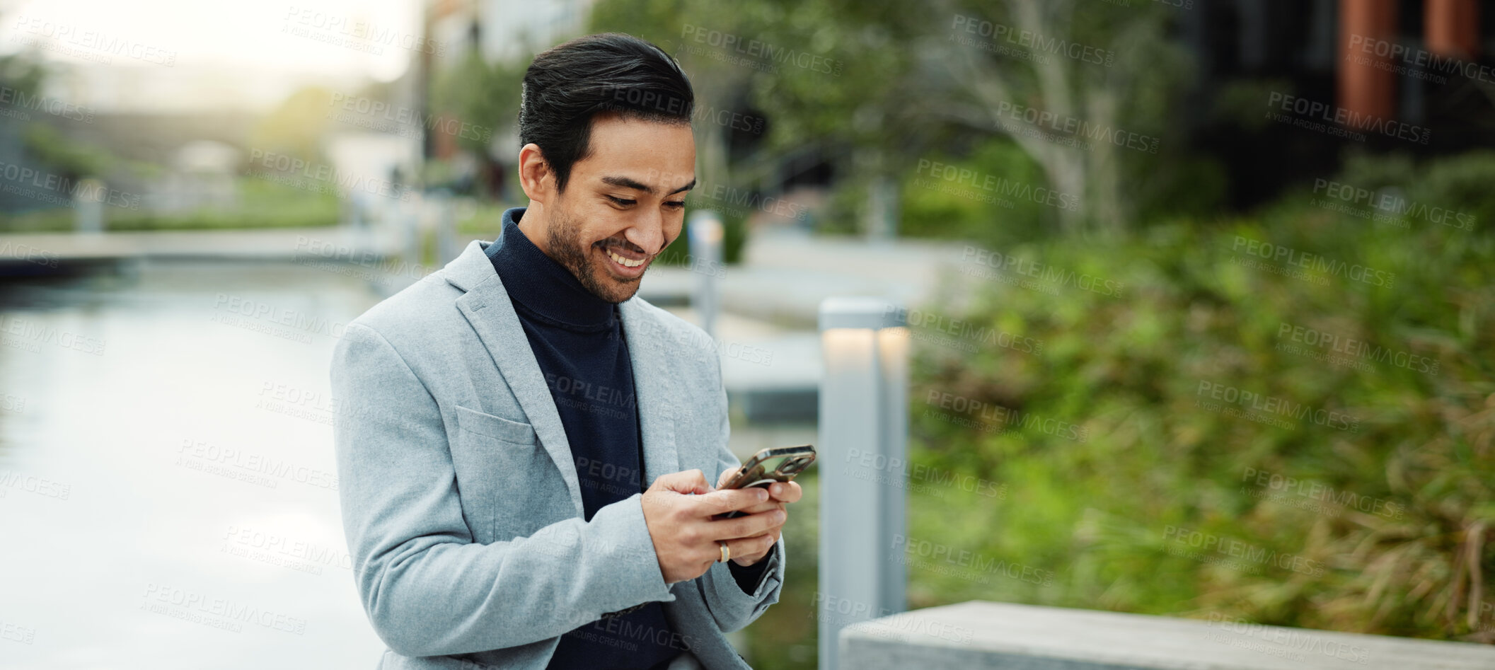 Buy stock photo Businessman, smile and scroll in city with phone, notification and email for real estate opportunity. Banner, space and person in town with tech, text message or realtor update for urban development.