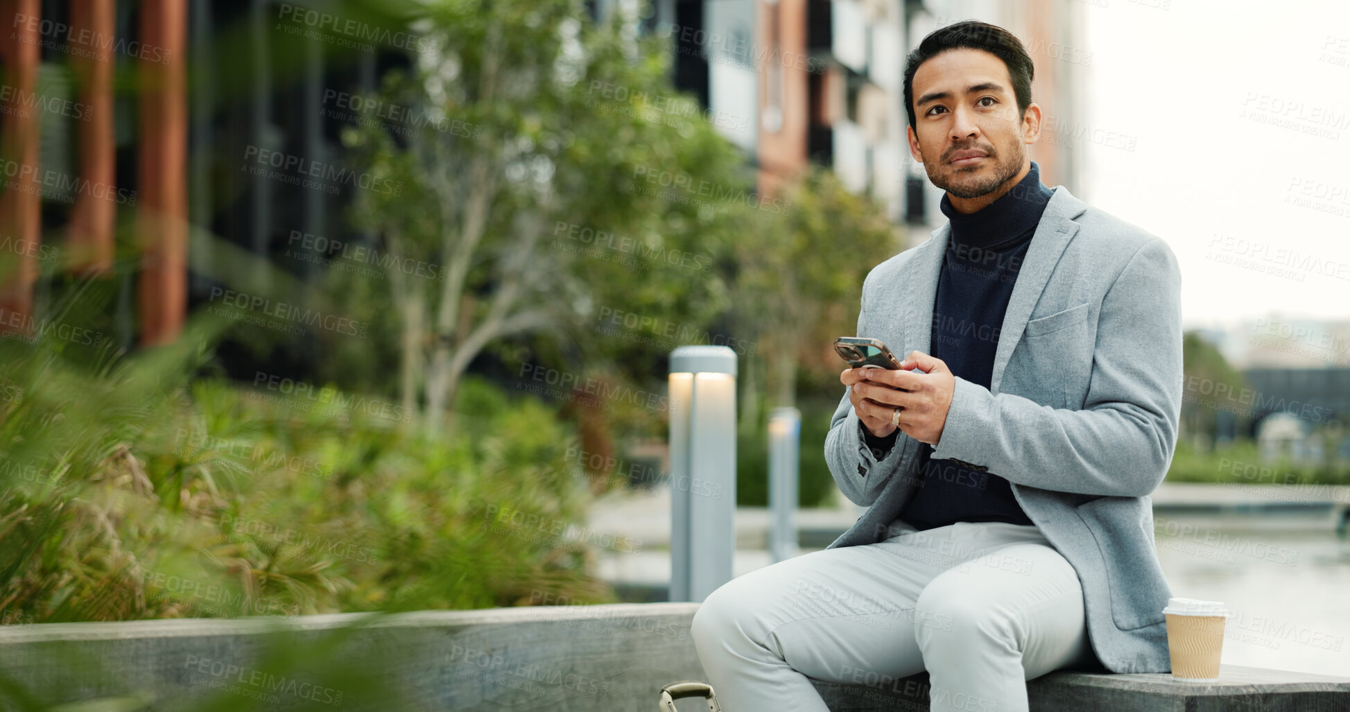 Buy stock photo Businessman, thinking and phone in city for news, travel and research for urban development. Property investor, mobile and reflection in town for economy info, investment opportunity or trip schedule