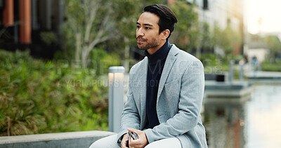 Buy stock photo Sad, thinking and business man in city with unemployment challenge, bankruptcy and inflation anxiety. Stress, reflection and corporate worker outdoor for debt crisis, job loss and financial worry