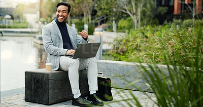 Buy stock photo Happy, businessman and thinking in city with laptop, notification and email for real estate listing. Person, smile and realtor outdoor with computer, property investment idea and urban development.