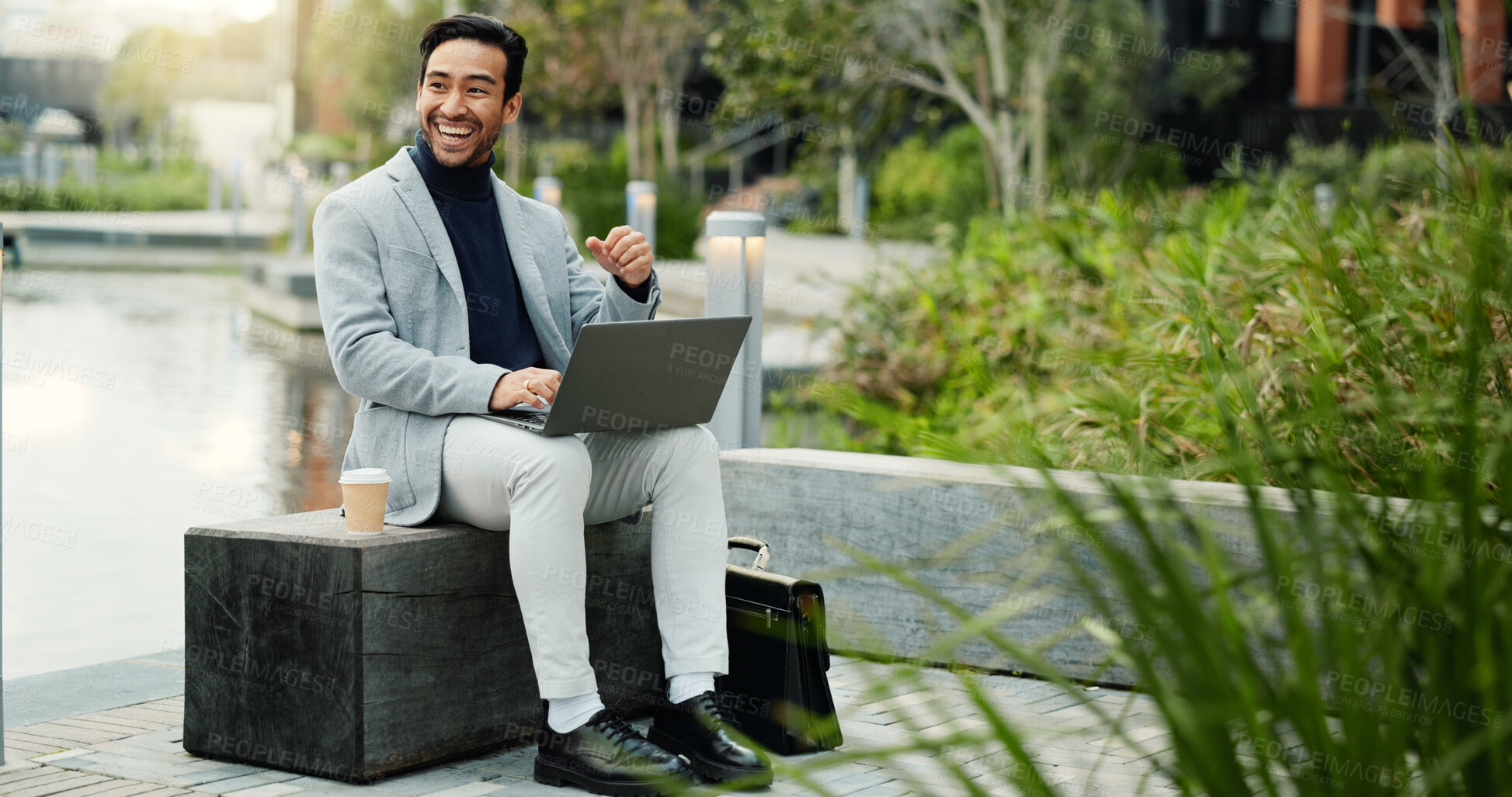Buy stock photo Happy, businessman and thinking in city with laptop, notification and email for real estate listing. Person, smile and realtor outdoor with computer, property investment idea and urban development.
