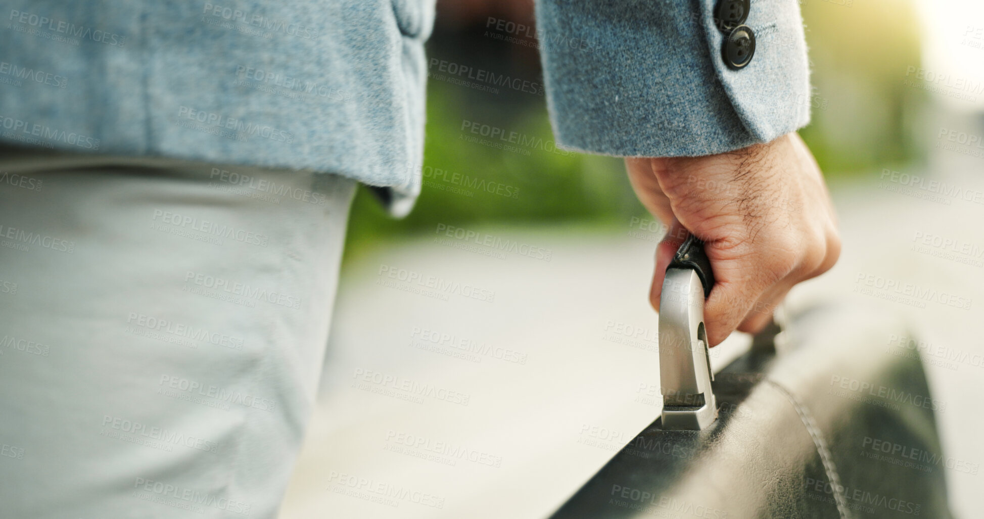 Buy stock photo Person, hands and travel with briefcase for business journey, work trip or start career on sidewalk. Businessman, traveler or carrying handle with bag for outdoor job opportunity or urban commute