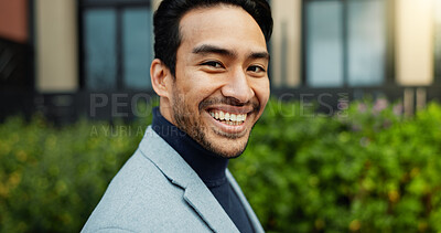 Buy stock photo Portrait, smile and business man in city, about us or confident real estate lawyer with pride. Legal advisor, property attorney and happy person in town outdoor, opportunity or professional in Mexico