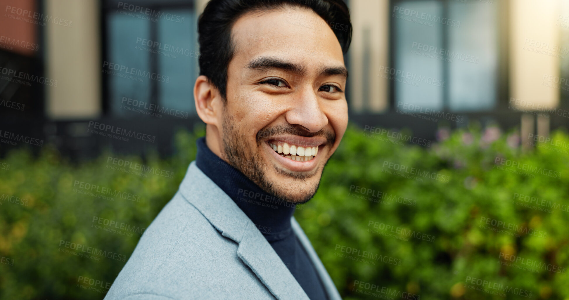 Buy stock photo Portrait, smile and business man in city, about us or confident real estate lawyer with pride. Legal advisor, property attorney and happy person in town outdoor, opportunity or professional in Mexico