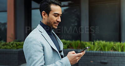 Buy stock photo Walking, typing and businessman with phone in city for networking, email and contact on commute. Corporate, scroll and person on cellphone for communication, message and connection for travel in town