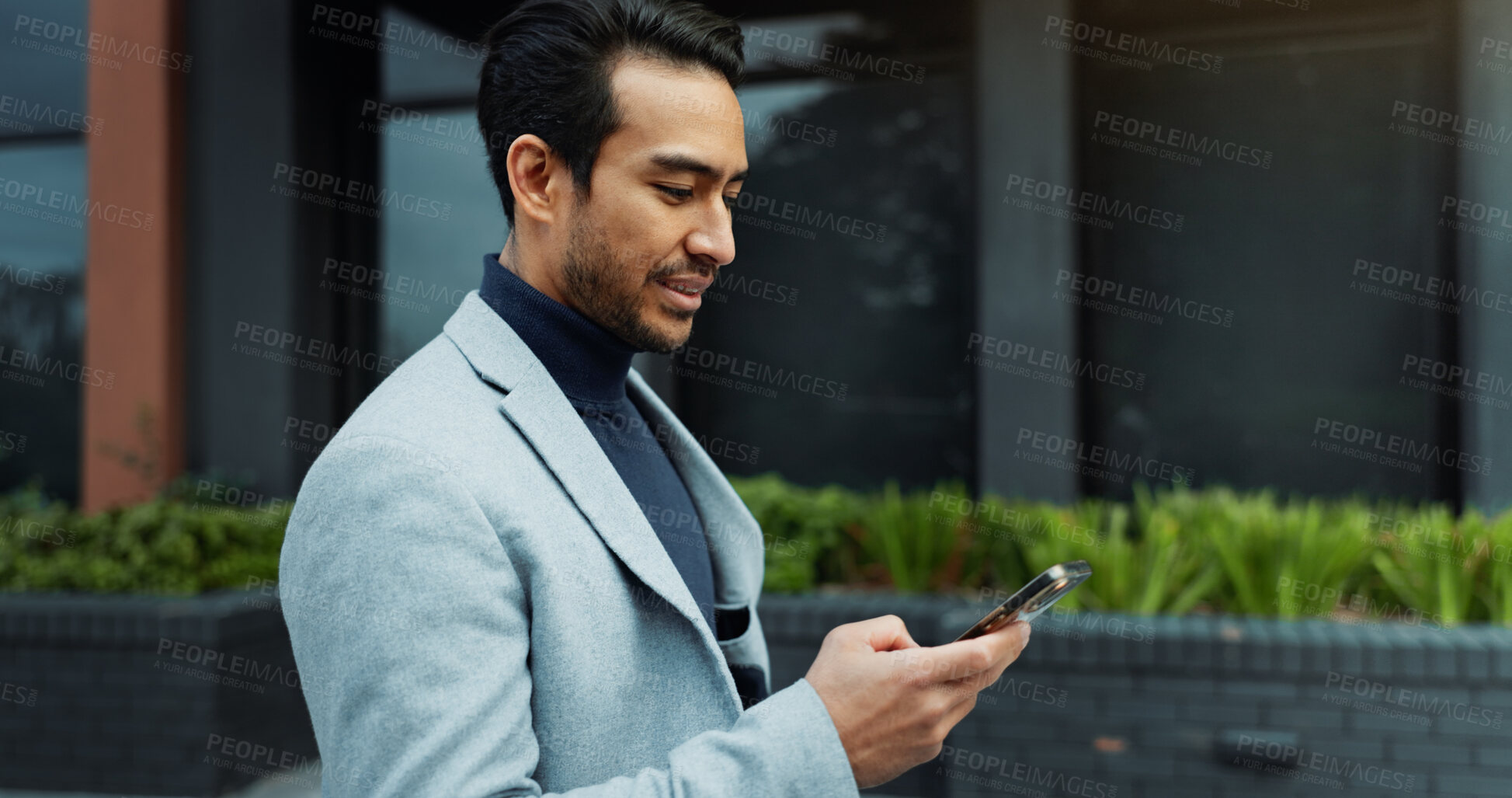 Buy stock photo Walking, typing and businessman with phone in city for networking, email and contact on commute. Corporate, scroll and person on cellphone for communication, message and connection for travel in town