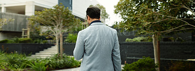 Buy stock photo Business, walking and back of man in city for travel, investor career and morning commute to work. Corporate, finance advisor and person in town with routine for journey, job or opportunity on banner
