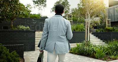 Buy stock photo Travel, walking and back of businessman in city for routine, journey and morning commute to work. Professional, finance advisor and person in town for financial career, job and opportunity outdoor