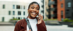 Smile, business or black woman with phone call in city, settlement offer negotiation or case update. Space, consulting client or lawyer with mobile for hearing arrangement, town or billing discussion