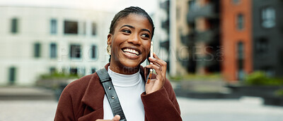 Buy stock photo Smile, business or black woman with phone call in city, settlement offer negotiation or case update. Space, consulting client or lawyer with mobile for hearing arrangement, town or billing discussion