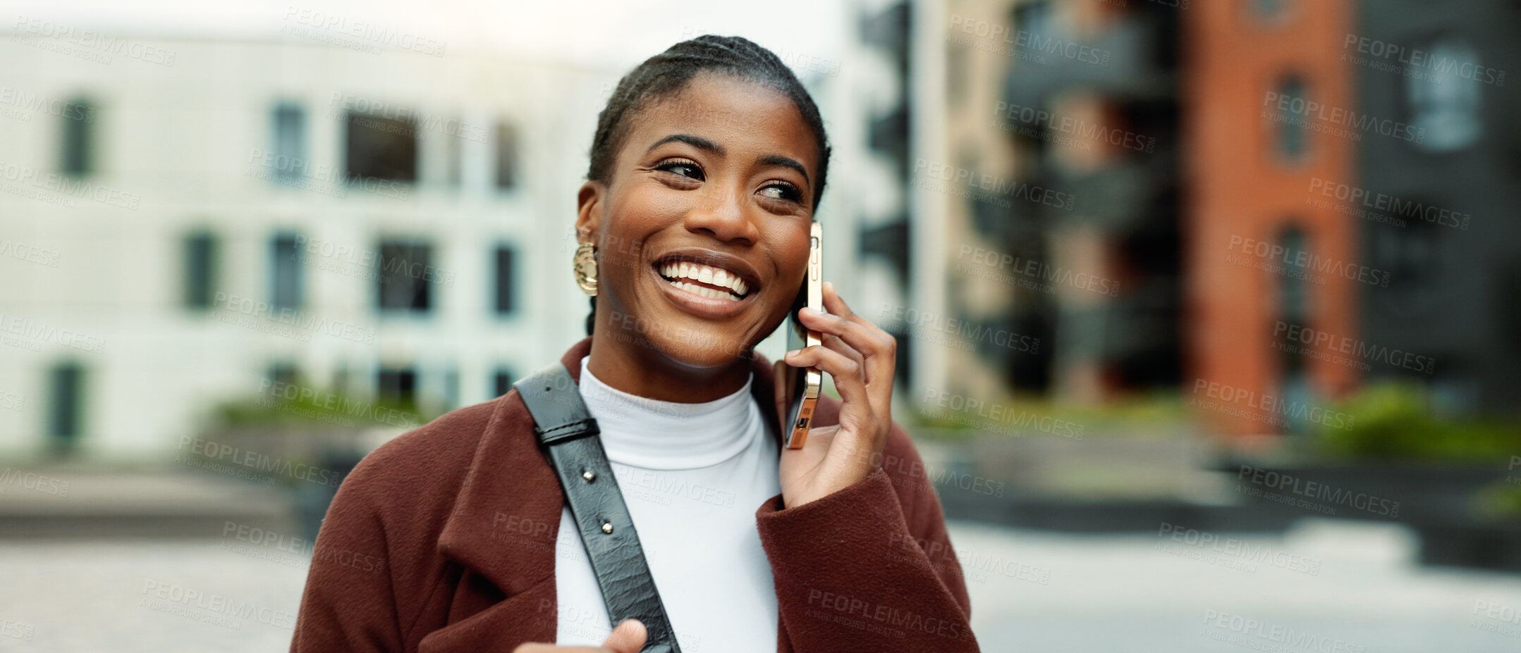 Buy stock photo Smile, business or black woman with phone call in city, settlement offer negotiation or case update. Space, consulting client or lawyer with mobile for hearing arrangement, town or billing discussion