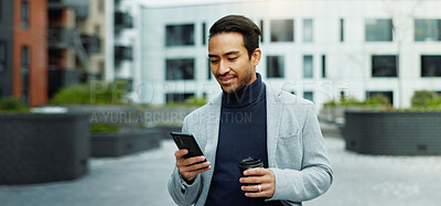 Buy stock photo Walking, coffee and businessman with phone in city for chat, email and message on commute. Corporate, entrepreneur and person on cellphone for contact, communication and connection for travel in town