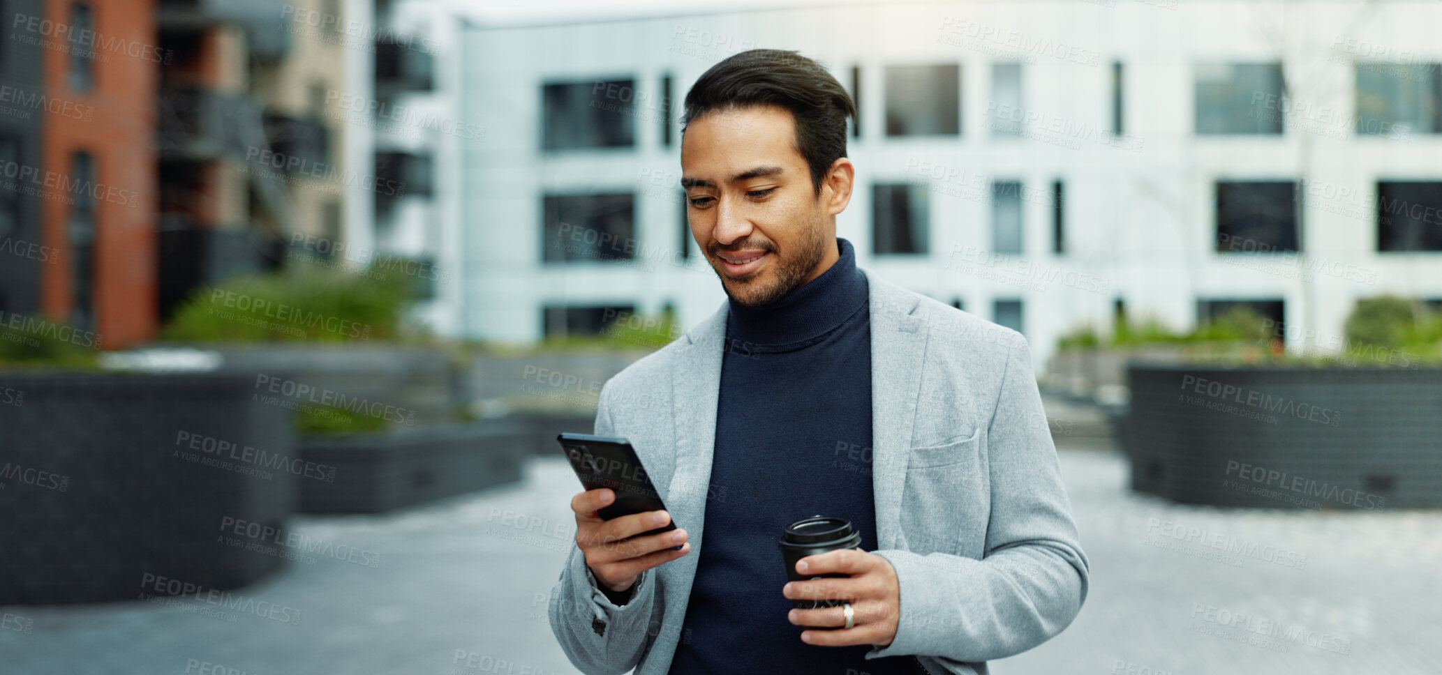 Buy stock photo Walking, coffee and businessman with phone in city for chat, email and message on commute. Corporate, entrepreneur and person on cellphone for contact, communication and connection for travel in town