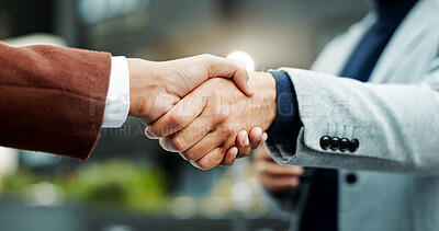 Buy stock photo Meeting, business people and handshake for deal in city, lawsuit mediation and settlement agreement. Town, cooperation and lawyers shaking hands for compromise, client negotiation and case resolution