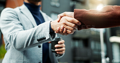 Buy stock photo Business, people and handshake for deal in city, lawsuit mediation meeting and settlement agreement. Town, cooperation and lawyers shaking hands for compromise, client negotiation and case resolution