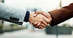 Business, people and handshake for agreement in city, lawsuit mediation meeting and settlement deal. Town, cooperation and lawyers shaking hands for compromise, client negotiation and case resolution