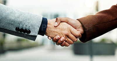 Buy stock photo Business, people and handshake for agreement in city, lawsuit mediation meeting and settlement deal. Town, cooperation and lawyers shaking hands for compromise, client negotiation and case resolution