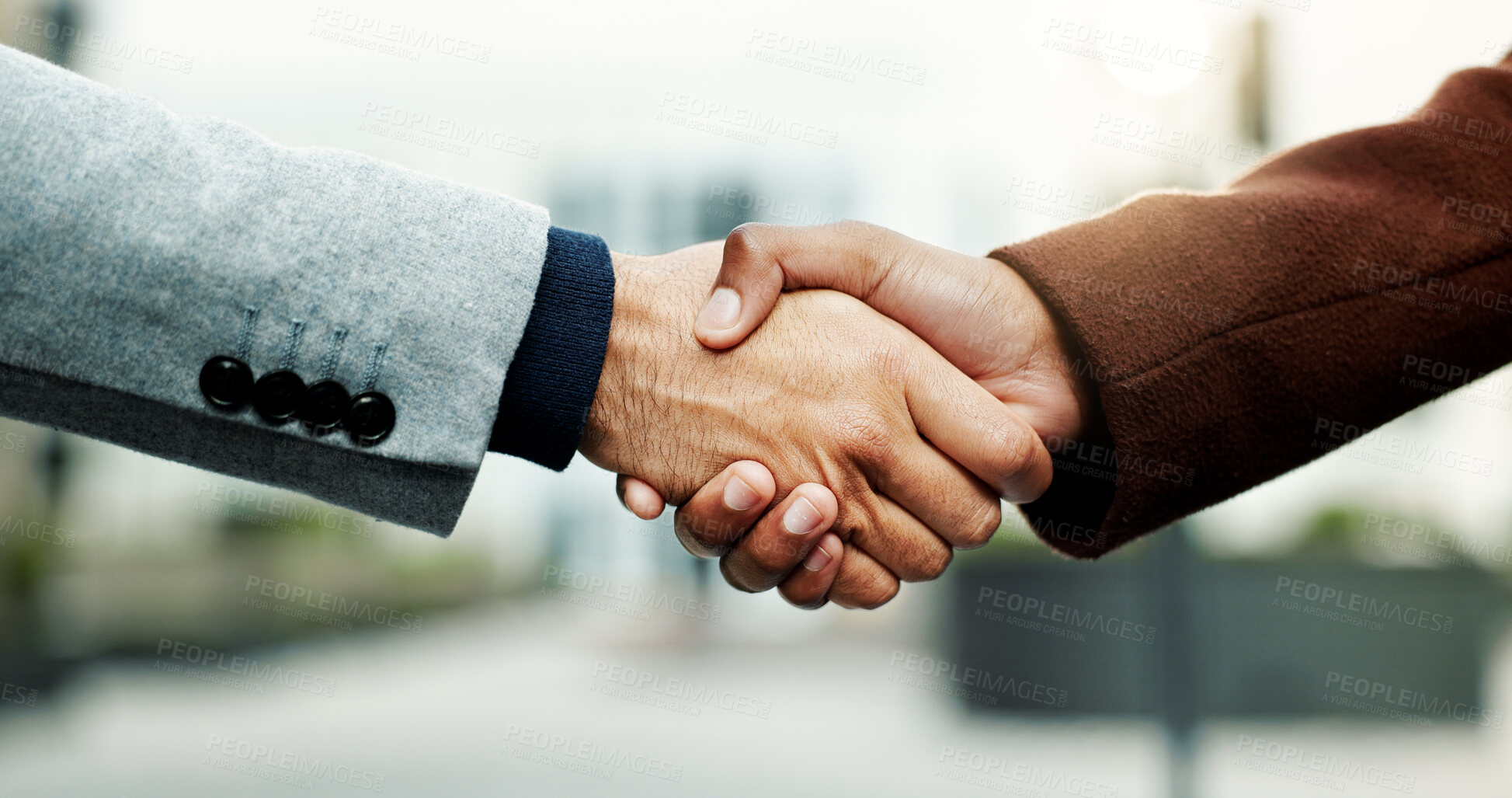 Buy stock photo Business, people and handshake for agreement in city, lawsuit mediation meeting and settlement deal. Town, cooperation and lawyers shaking hands for compromise, client negotiation and case resolution