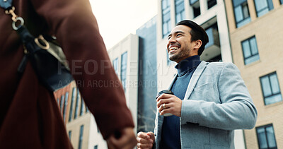 Buy stock photo Business, discussion or people in city with coffee, partnership or morning commute in work routine. Collaboration, below or employees with drink, friendly chat or traveling together at start of day.